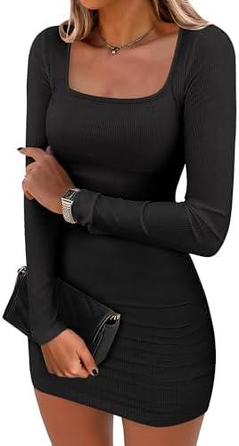 ANRABESS Womens Long Sleeve Bodycon Mini Dress 2025 Fall Ruched Square Neck Slim Fit Rib Knit Club Short Cocktail Dresses S