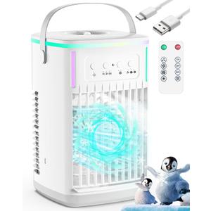Portable Air Conditioners Fan with Remote,1500ml Tank, 1-6H Timer, 3 Wind Speeds, Personal Mini Air Cooler with Humidifier for Room Bedroom Desktop Office (White)