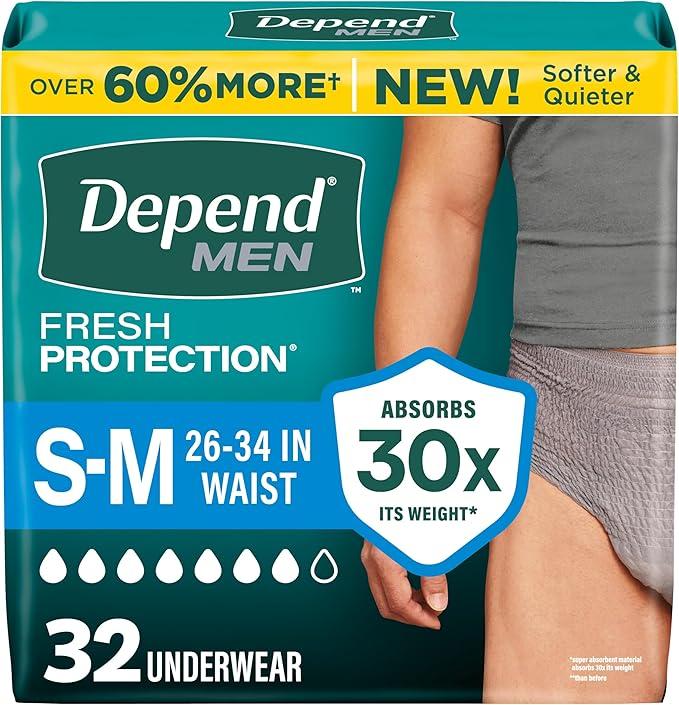 Depend Fresh Protection Adult Diapers, Incontinence Underwear for Men, Disposable, Maximum, Small/Medium, Grey, 32 Count,
