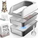 19.6''x13.7''x12'' Enclosure Stainless Steel Litter Box, Sifting Litter Box with Zeolite Litter Pellets 5 LBs, High Sides Metal Litter Pan for High Peeing Cats, Anti-Leakage, Less Tracking