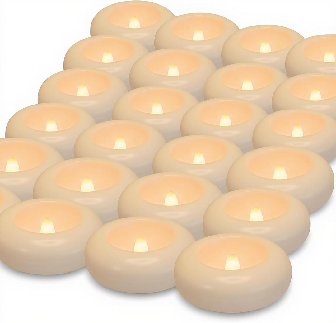 Aignis 24pcs LED Flameless Floating Candles, Burning Time Over 120 Hours, 3 Inch Plastic Battery Operated Tealights, Cozy White Light for Pool/Bathtub/Hot Bath/Wedding Centerpiece Decor Dcor