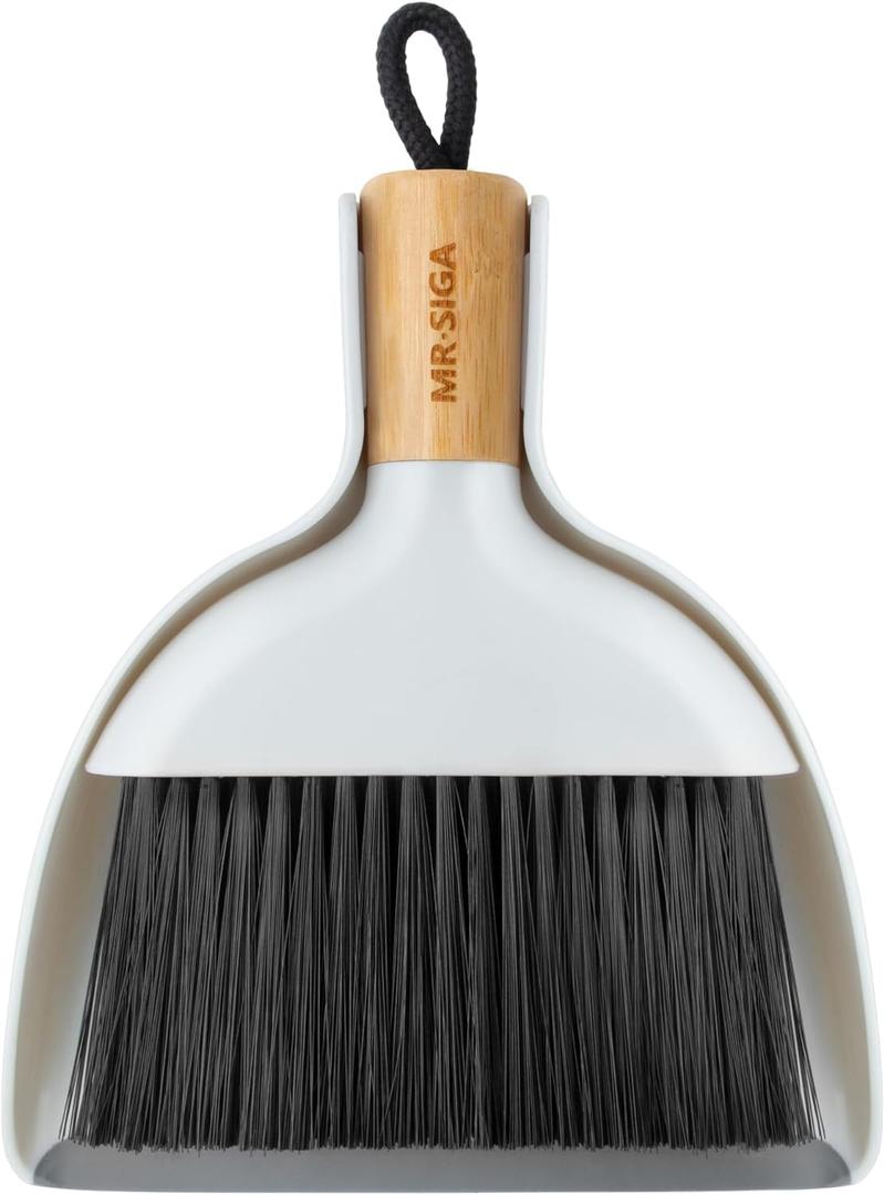 MR.SIGA Mini Dustpan and Brush Set, Portable Cleaning Brush and Dustpan Combo with Bamboo Handle, 1 Set (White)