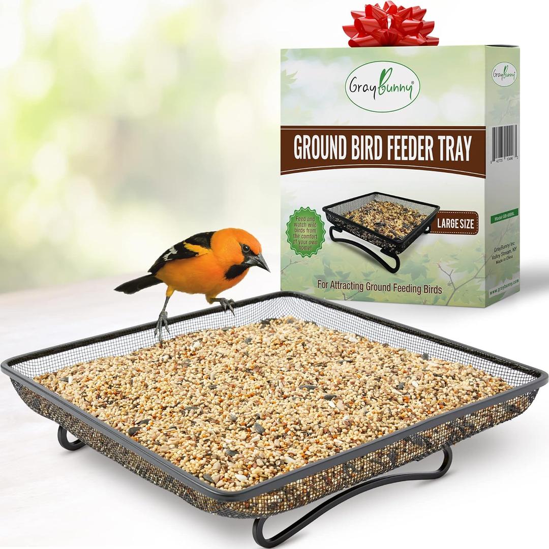 Gray Bunny Ground Bird Feeder Tray - Metal Platform Mesh Seed Tray for Standing Bird Feeders - Great Attracting Garden Yard Decoration for Wild Birds Squirrels Dove Cardinal Blue Jay Crows (11x11in)
