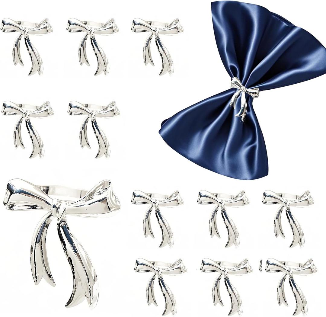 Silver Bow Napkin Rings Set of 12 Shiny Metal Bow Napkin Holder for Valentine's Day Wedding Decor,Elegant Butterfly Knot Napkin Ring for Holiday Gatherings Daily Dining Table Setting
