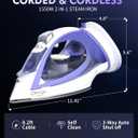 OMAIGA Cordless Iron for Clothes, 1550W 2-In-1 Cordless/Corded Steam Iron Rapid Heating, Ceramic Soleplate, 3-Way Auto-Off, Self-Cleaning, 12.85oz Water Tank Ironing Clothes for Home, Purple