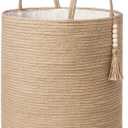 Mkono Tall Wicker Laundry Basket Woven Storage Basket Decorative Natural Rope Basket Wooden Bead Decoration for Blankets,Toys,Clothes,Shoes,Plant Organizer Bin with Handles Living Room 15"Wx17.7"L (Brown)