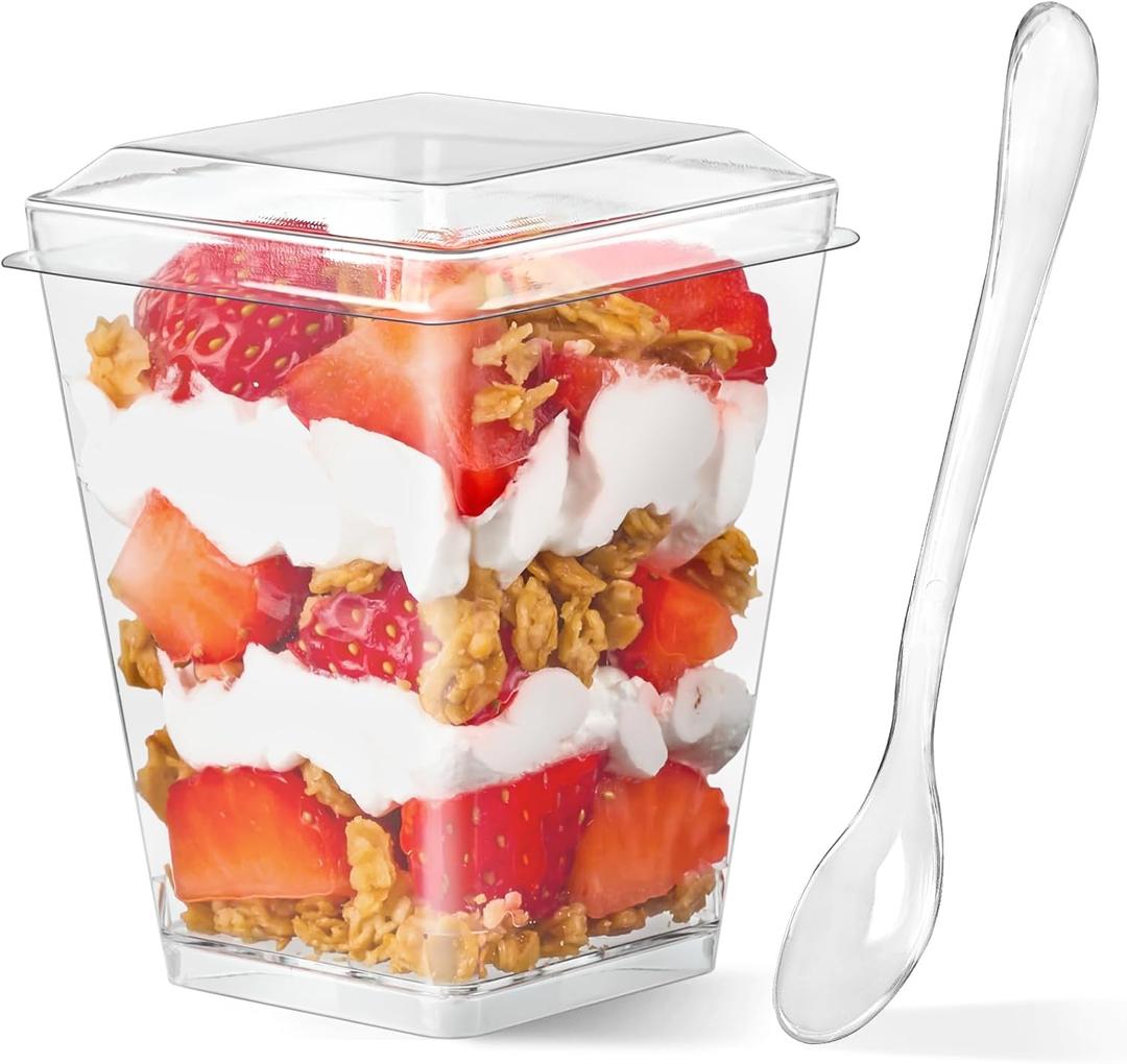 50 Pack 5 oz Plastic Dessert Cups with Lids and Spoons, Mini Parfait Cups Clear Dessert Shooter Cups for Banana Pudding, Fruit, Jello, Appetizer, Trifle