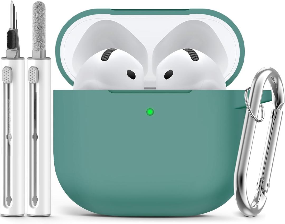 Ljusmicker for AirPods 4 Case 2024 with Cleaner Kit,Soft Silicone Protective Cover for Apple AirPods 4th Generation Cases for Women Men,for AirPod 4 Case Accessories with Keychain-Pine Green