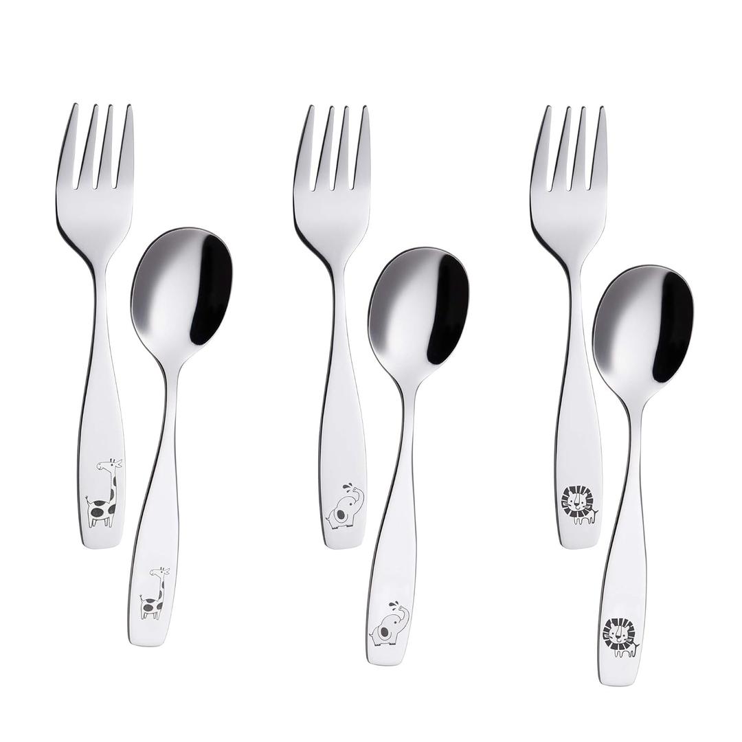 ANNOVA Kids Silverware 6 Pieces Children's Safe Flatware Set Stainless Steel - 3 x Children Forks, 3 x Dinner Spoon, Toddler Utensils, for Lunchbox (Safari Animals Etched Elephant, Giraffe, Lion)