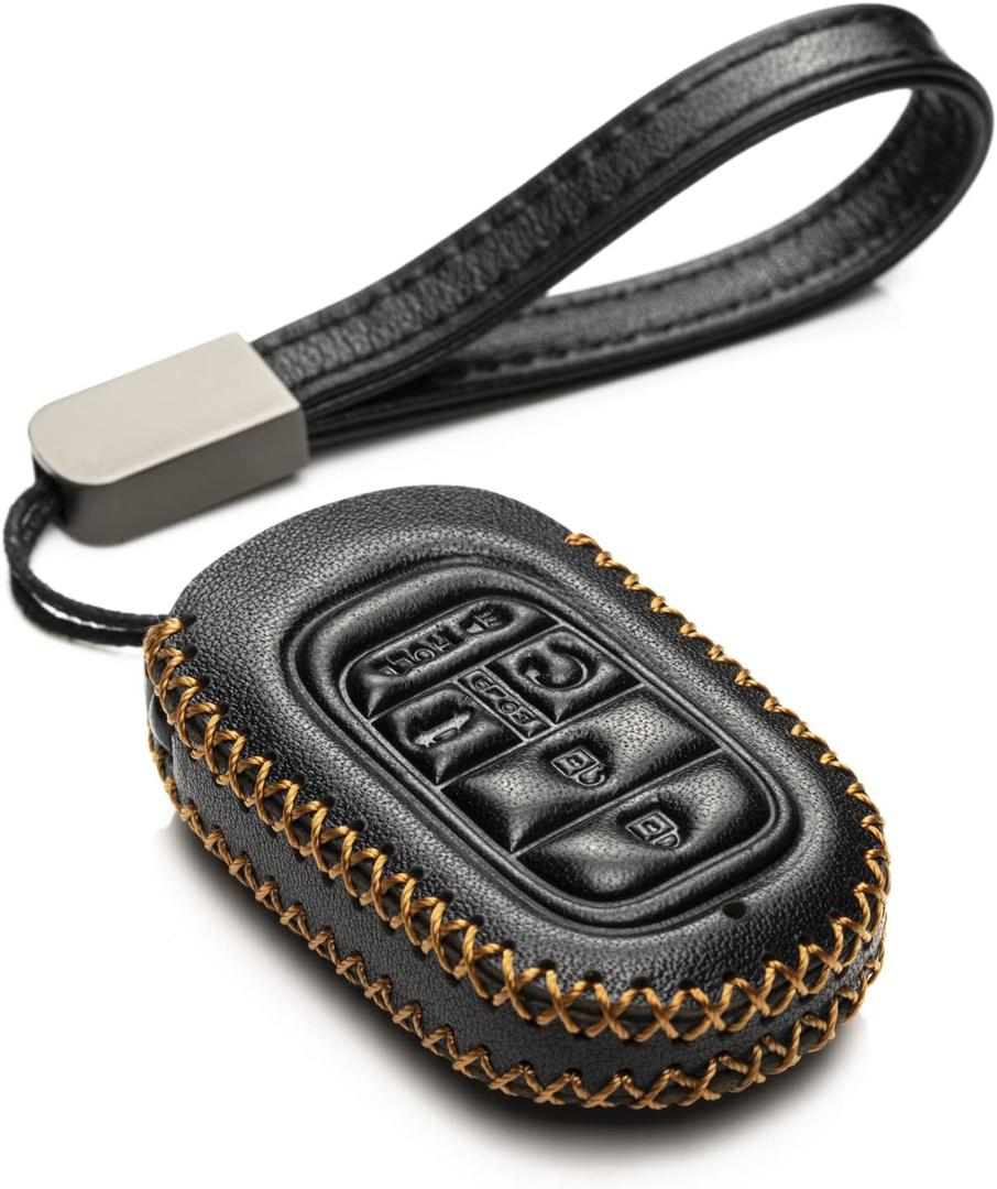 Vitodeco Leather Key Fob Case - Compatible with Honda Civic, Accord, HR-V, CR-V, Pilot 2023-2025 (5-Button, Black)