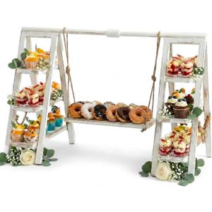 Wooden 3 Tier Swing Cupcake Stand with Serving Platter Foldable Ladder Stand Dessert Display Snack Fruit Cake Bread Centerpieces for Party, Birthday, Wedding, Baby Shower(Rustic White)