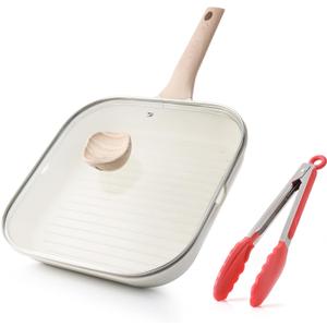 Nonstick Grilling Pan with Lid for Stove Tops, 11 Inch Square Grill Pan for Indoor Cooking, Healthy Coating Grill Skillet with Pour Spouts, Versatile Griddle, Induction Steak Pan, White