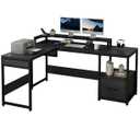 DWVO L Shaped Computer Desk with File Drawer, 65" L Shaped Desk with Monitor Stand, Corner Home Office Desk with Lift Top, Height Adjustable Standing Desk with Storage Shelves, Black