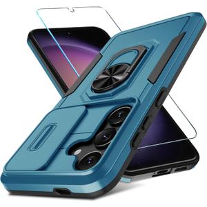 Janmitta Compatible with Samsung Galaxy S24/S25 Case Built in Slide Camera Lens Cover+Screen Protector+Ring Holder,Heavy Duty Shockproof Full Body Phone Cover,2025 Blue (for Samsung S24/S25, y Blue)