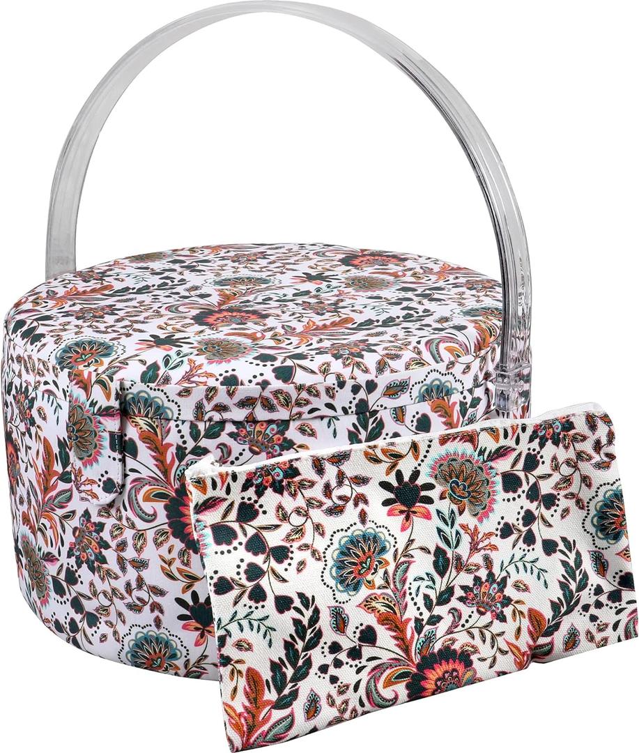 SINGER Premium Round Large Sewing Basket with Matching Zipper Pouch | 30% More Storage Volume (Floral Paisley Print)