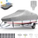 Boat Cover, 16'-18.5' Heavy Duty 1200D Polyester Canvas Trailerable Boat covers, UV Resistant Waterproof Bass Boat Covers with Motor Cover, Fits V-Hull Tri-Hull Boat, Runabout,Fish&Ski Boat