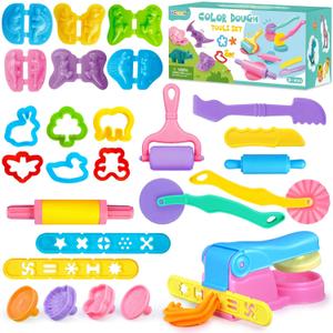 VConejo Dough Tools Set for Kids, 26pcs Dough and Clay Accessories with Stamps, Animal Cutters, Rollers, Extruder, Dinosaur Play Molds, Educational Toys for Boys Girls