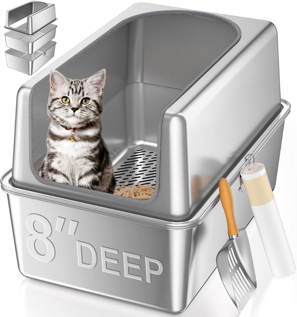 XXL All Stainless Steel Sifting Litter Box with Lid,Sifting Cat Litter Box for Wood Pine Pellets,16''High Sides Sifter Litter Pan System,Odor Control,Easy to Clean,with Liners and Scoop