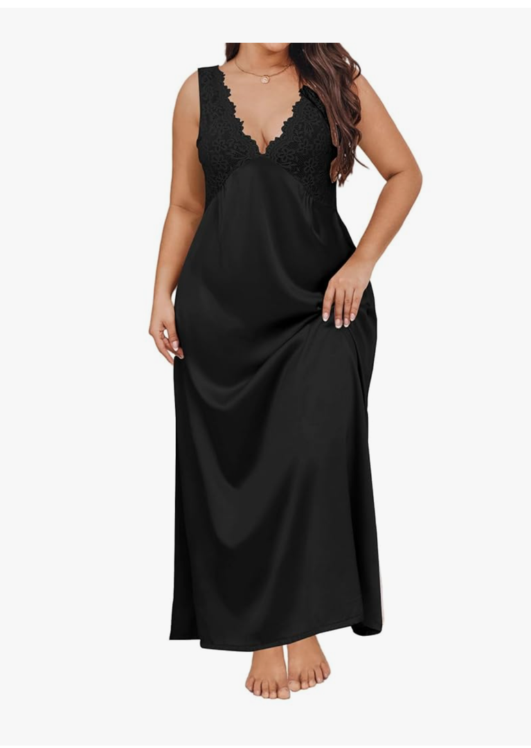 WDIRARA Women's Plus Size Satin Nightgown Double V Neck Lace Backless Long Lingerie Nightdress Size XL Plus
