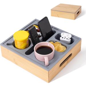 Couch Cup Holder with Lid, Silicone Bed Caddy with Cup Holder, Bed Organizer for Drinks, Snacks, Remotes, Bamboo Couch Caddy for Sofa, Bed and Car(Dark Grey)