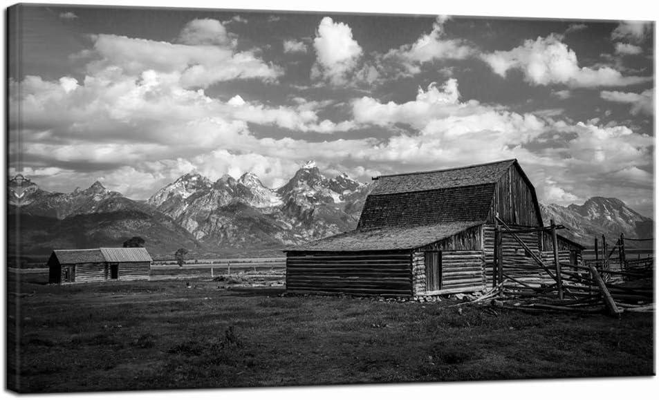 LevvArts Grand Teton National Park Picture Canvas Wall Art Black and White Moulton Barn Poster Prints USA Landscape Wyoming Canvas Artwork for Home Living Room Decor Framed Ready to Hang, 20"L x 36"W