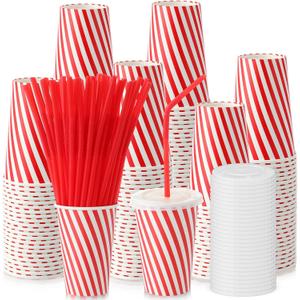 50 Set Red Disposable Paper Cups with Lids and Straws for Christmas Circus Carnival Party 12 oz Disposable Drinking Paper Cups Holiday Birthday Supplies for Coffee Juice (Twill)