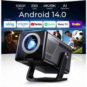 [2000 ANSI Daylight Visible] Native 1080P Smart Video Projector 4K 8K Input, Android 14 Projecteur Portatif with HiFi Sound, Auto Focus & Keystone, WiFi Bluetooth Home Theater for iPhone/Netflix X7
