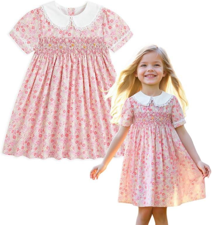 Curipeer Toddler Girl Dress Summer Floral Dresses for Girls Short Sleeve Playwear Sundress (Pink)