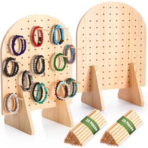 2 Sets Keychain Display Stand Wooden Pegboard Display Stand with 25 Pcs Dowel Rods Oval Bracelet Organizer Holder for Jewelry, Craft Shows, Necklace, Selling, 15.75" x 11.81"(Wood)