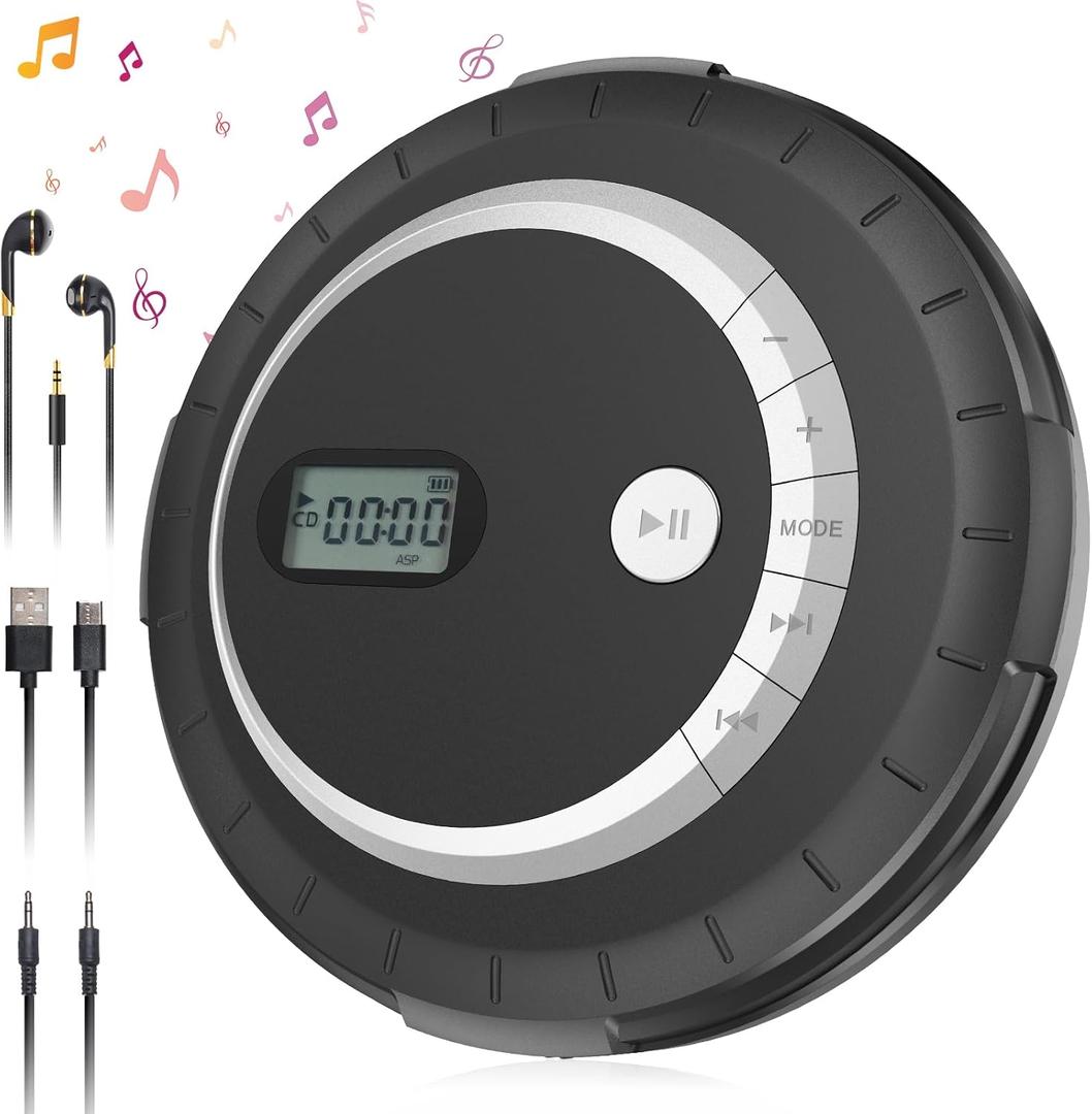 Portable CD Player - Small Rechargeable Bluetooth 5.0 Player for Home with Headphones with HiFi Stereo Sound, CD Player for Car Through AUX with Anti-Skip Protection (Black)