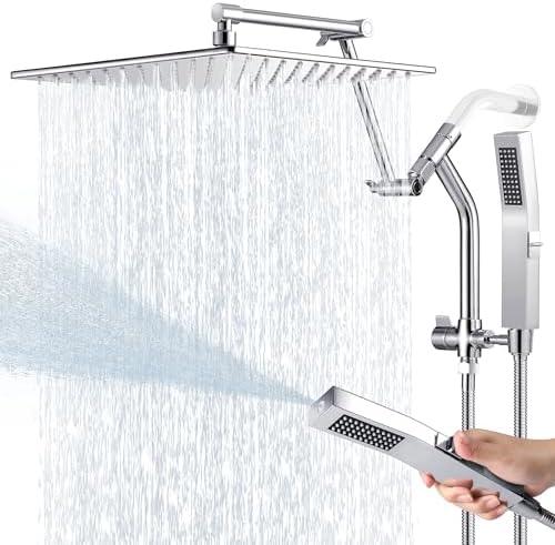 All Metal 12 Inch Rain Shower Head with Handheld Built-in Power Wash Mode, High Pressure Waterfall Rainfall Square Shower Heads with 16" Adjustable Extension Arm, Dual Showerhead(Chrome)