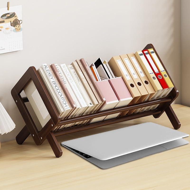 Wood Tilting Bookcase in Living Room/Home/Office, Desktop Book Shelf Organizer Bookshelves Storage Rack for CDs/Magazine/Books Display (Coffee, 16"-L)