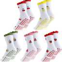 2 x Mepase 5 Pairs Cute Pilates Socks with Grips for Women Fruit Non Slip Yoga Socks Lettuce Edge Novelty Funky Cool Frilly Strawberry Cherry (White)