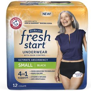 FitRight Fresh Start Incontinence and Postpartum Underwear for Women, Small, Black (12 Count) Ultimate Absorbency, Disposable Underwear with The Odor-Control Power of ARM & Hammer