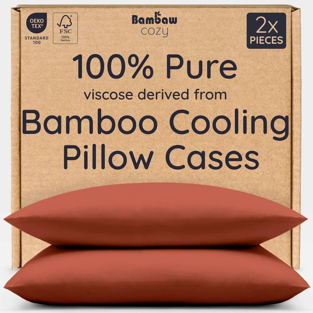 Bambaw 100% Viscose Derived from Bamboo Pillowcases Standard Size  Set of 2 Cooling Pillow Cases Standard Size, Breathable & Soft Pillow Case with Envelope Closure, Anti Acne Pillowcase (Terracotta)