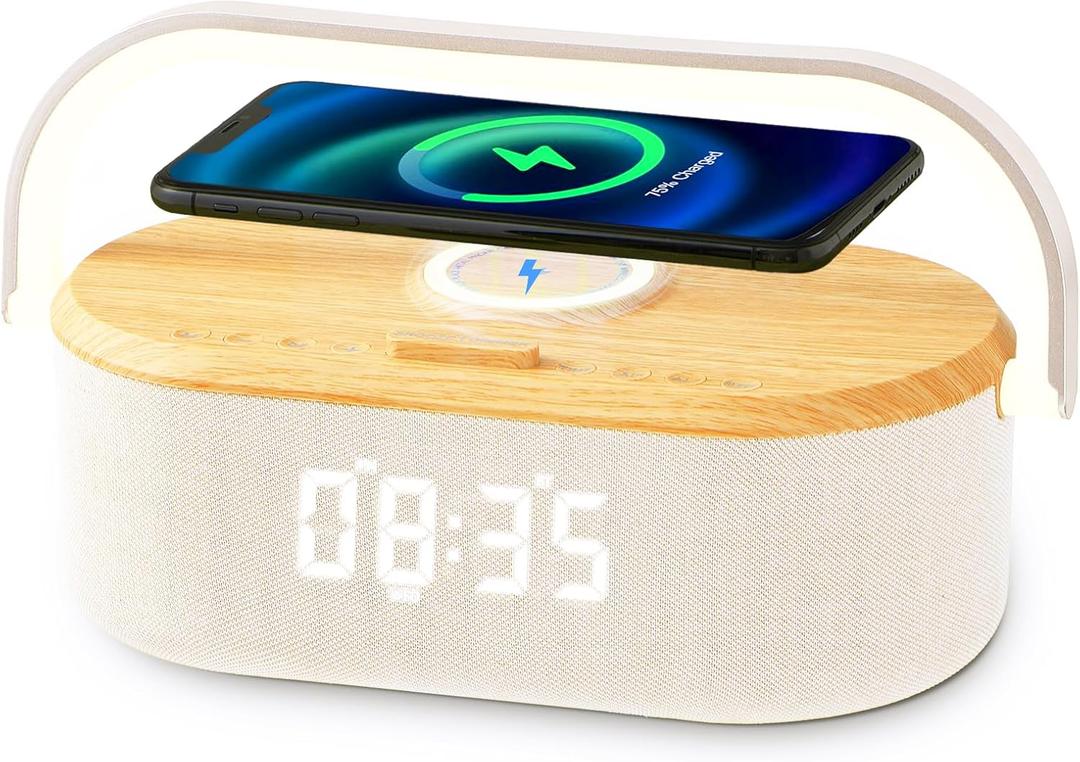 6-in-1 Sound Machine Alarm Clock,Wireless Charger,Stereo Bluetooth Speaker with Soothing Sounds,3 Level Bedroom Night Light