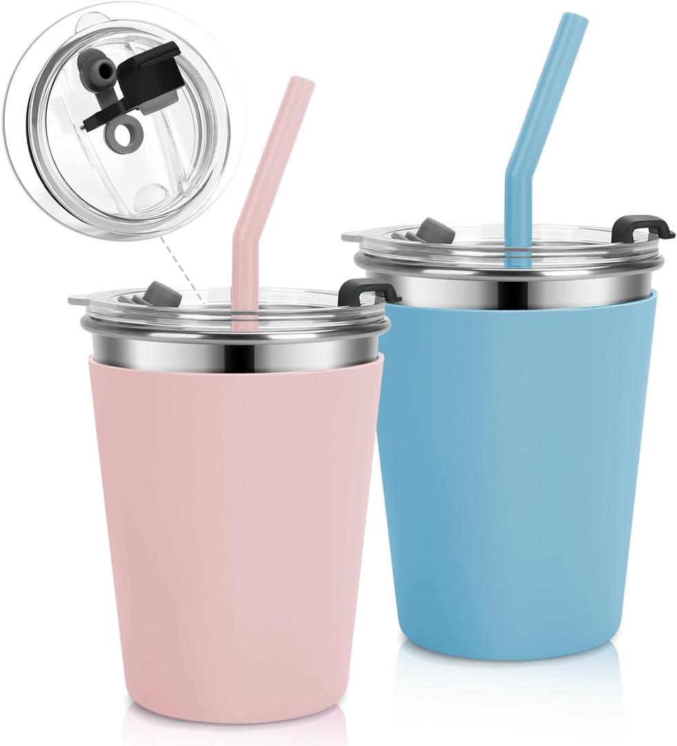 Stainless Steel Kids Cups with Lids and Straws Leakproof, 2 Pack 12oz Spill Proof Cups for Toddlers Kids Tumblers Unbreakable Sippy Cups with Straws for School, Outdoor (Blue & Pink)