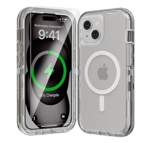 Luckwhale for iPhone 15 Plus Case, Fits Magsafe,Heavy Duty Shockproof Protection Phone Cases with Screen Protector*1, Magnetic Transparent Protective Cover for iPhone 15 Plus 6.7 '', Gray