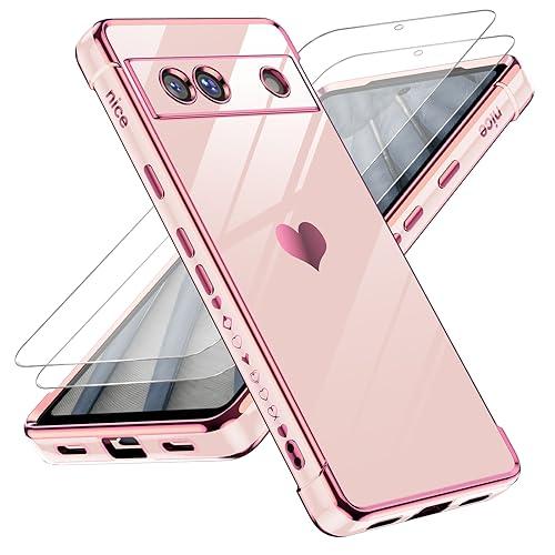 LeYi for Google Pixel 7A Case: with Tempered Glass Screen Protector [2 Pcs]+ Full Camera Lens Protection, Love Heart Plating Girly Women Cute Luxury Soft TPU Shockproof Case, Pink
