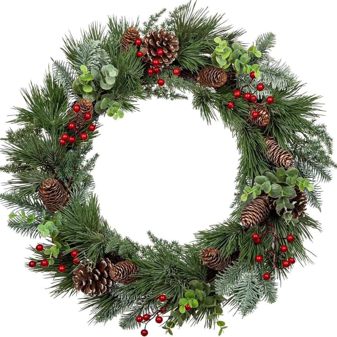 Green Christmas Wreath with Pine Cones, Berry Clusters & Abundant Branches - 21' (16' Frame) Winter Wreath Hanging Decor
