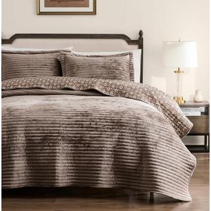 WDCOZY Velvet Queen Size Quilt Set - Beige Striped Soft Lightweight Bedspread, Tan Neutral Channel Farmhouse Country Rustic Coverlet, Taupe Camel Modern Bedding Kakhi Warm Thin Comforter, 3 Pieces