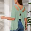 Women's Plus Size Cut Out Criss Cross Back Tee Open Back Short Sleeve Crew Neck Athletic Workout Tops (Green)