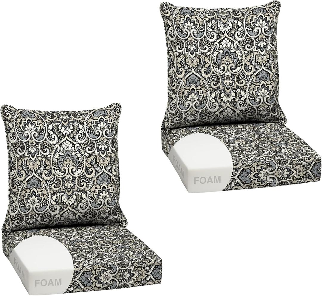 Arden Outdoor Foam Deep Seat Cushion Set (2-Pack), 24x24, Premium High-Density Foam, Never Flattens, Weather-Proof for Patio Chair Sofa Couch, Black Aurora Damask