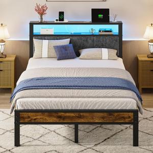 Liians Full Size Bed Frame with LED Lights, Charging Station