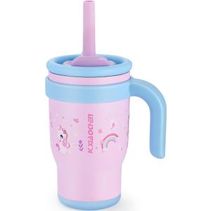 KXIAOCHEN 14 oz Kids Tumbler with Handle for Spill Proof Insulated Stainless Steel Reusable Tumbler for Toddlers, Keeps Drinks Cold up to 24 Hrs, Pink Unicorn
