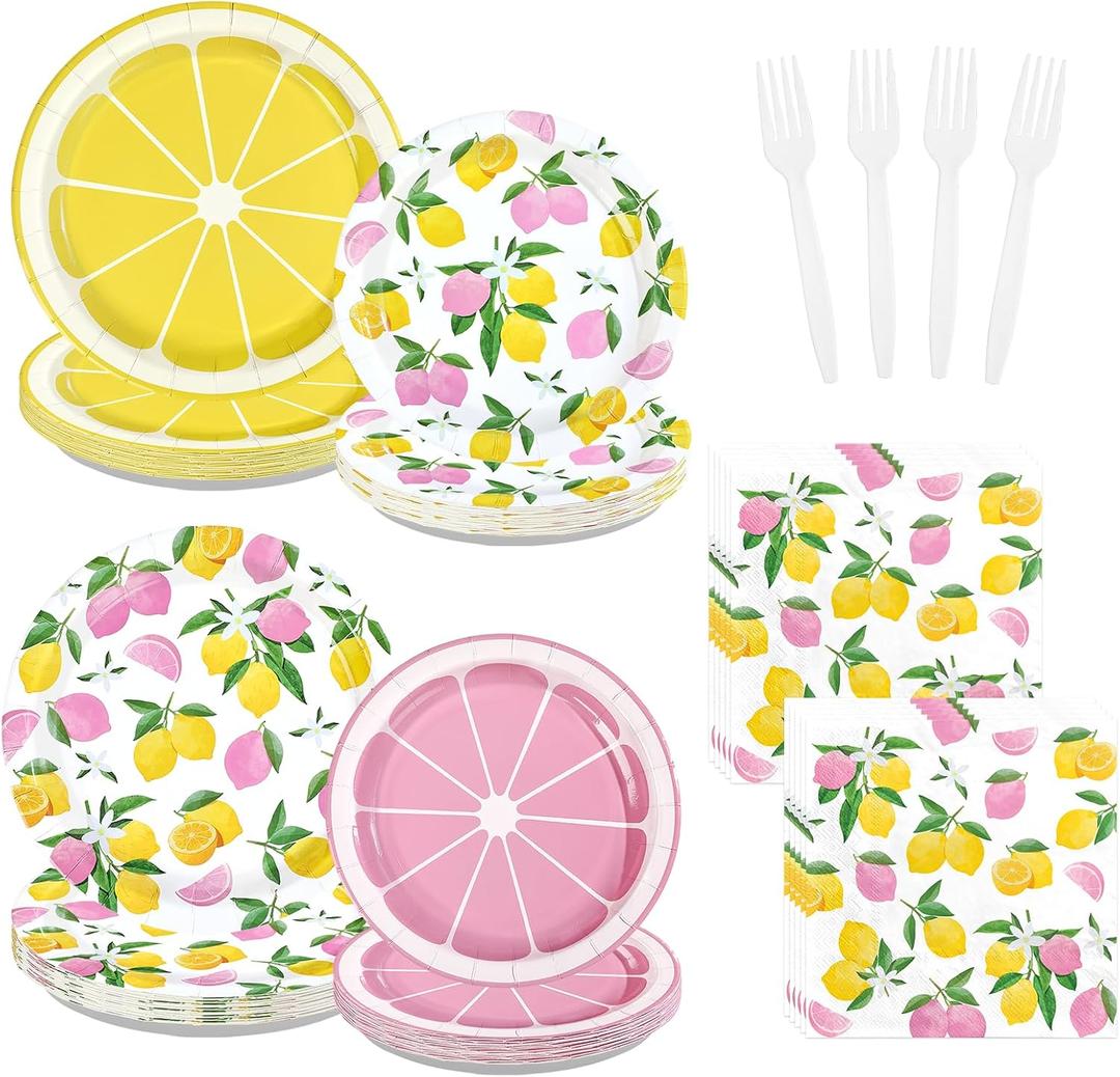96 Pcs Lemon Party Decorations Pink and Yellow Lemon Plates and Napkins Disposable Summer Fruit Theme Tableware Set for Wedding Birthday Baby Shower Bridal Shower Party Supplies Serves 24