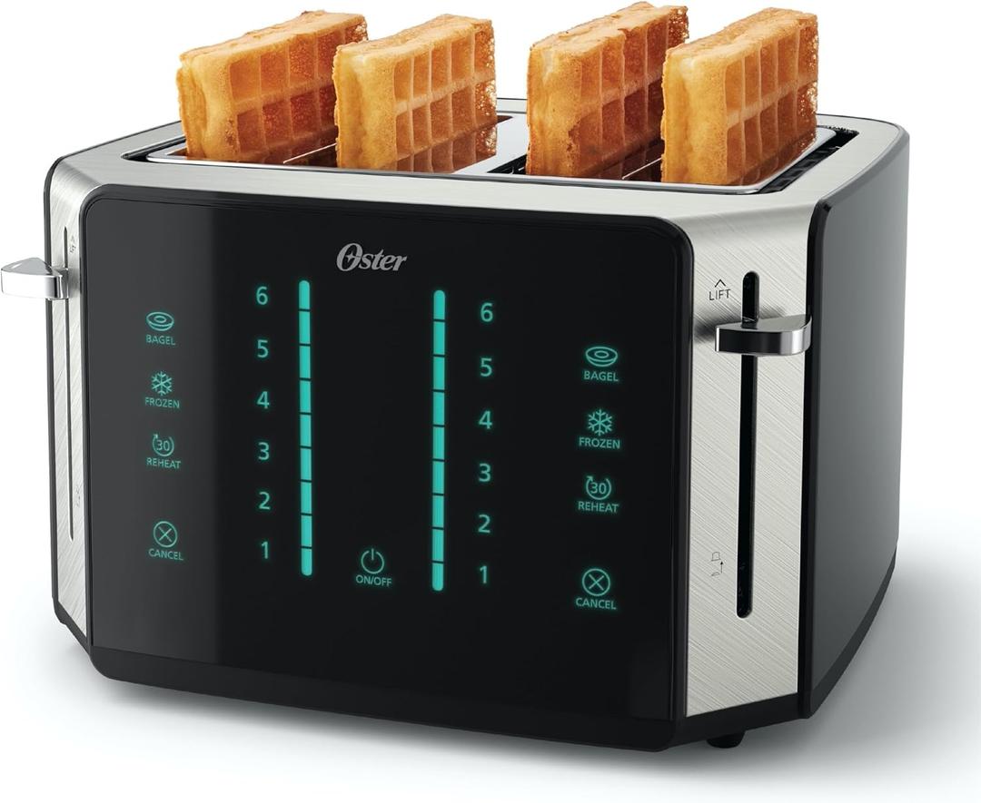 Oster 4Slice Toaster Touch Screen Stainless Steel Digital Timer 6 Shade Settings Easy to Clean Removable Crumb Tray
