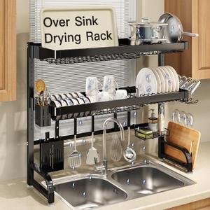 3 Tier Extra Large Stainless Steel Expandable Over The Sink Dish Drainer Drying Rack, Rust Proof Metal, Space Saving, Modern Black Big Capacity Extendable Plate Strainers Above Kitchen Counter, 25.5"-35.5"x11.9"x31.5"