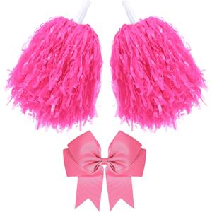 Hotop 3 Pcs 10 in Cheerleading Pom Poms and Large Cheerleader Hair Bow for Girl Cheer Pompoms Cheerleading Accessories for Sport Events Dance Party Basketball Football Team (Pink)
