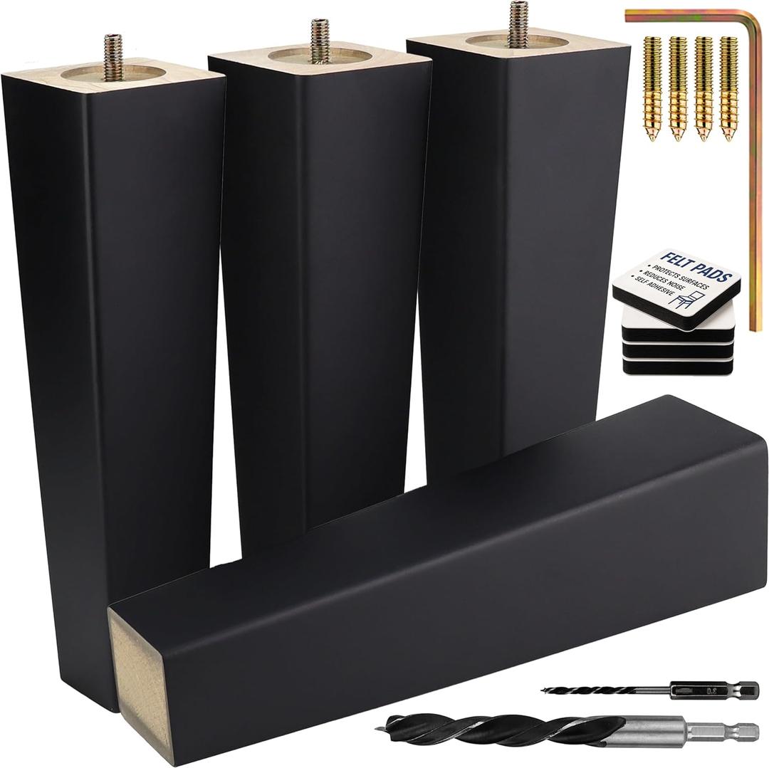 Airy Abode Premium Black Square Furniture Legs (Full Install Kit) - 10 inches